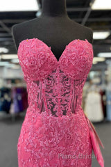 Hot Pink Appliques Strapless Mermaid Long Formal Prom Dresses