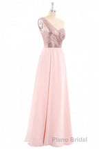 One-Shoulder Sequin and Chiffon A-Line Long Bridesmaid Dresses