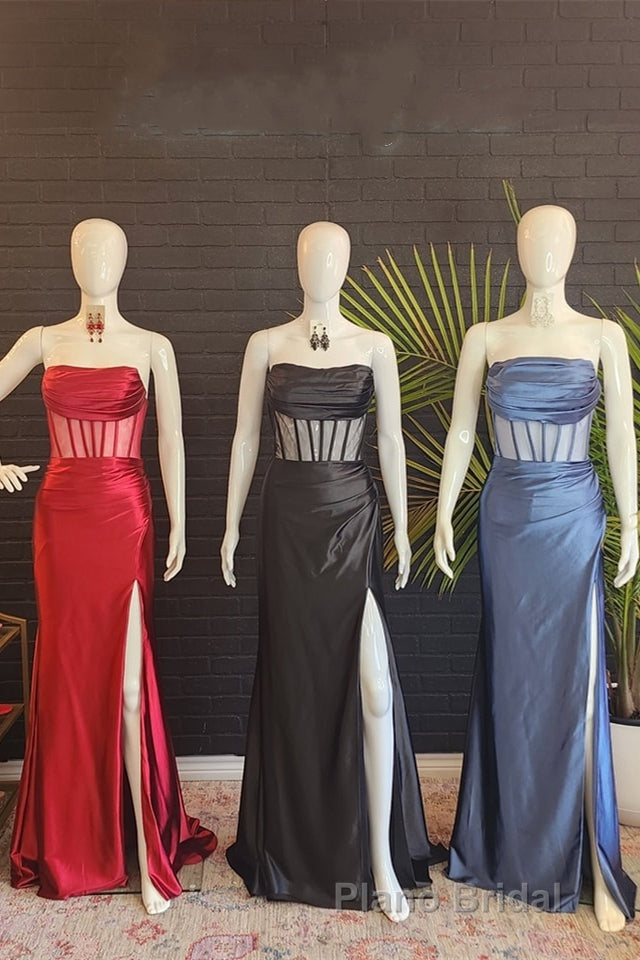 Black Strapless Mermaid Satin Long Formal Prom Dresses with Slit