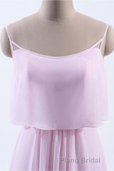 Pink Flounce Chiffon Straps A-line Long Bridesmaid Dresses