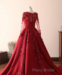 Burgundy Lace Satin Long Formal Prom Dresses, Burgundy Lace Evening Dresses