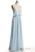 Dusty Blue Chiffon Spaghetti Straps Ruffled Long Bridesmaid Dresses