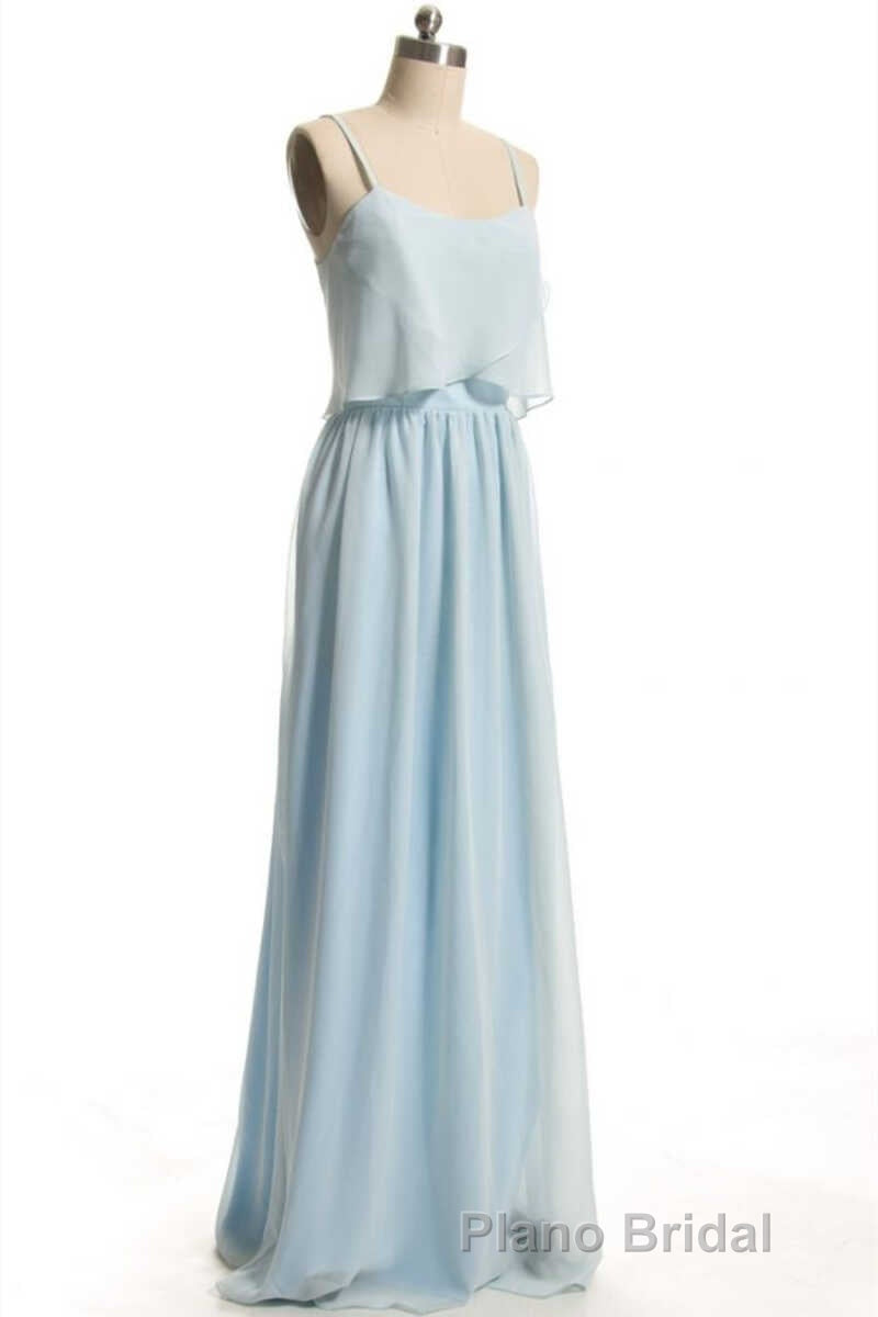 Dusty Blue Chiffon Spaghetti Straps Ruffled Long Bridesmaid Dresses