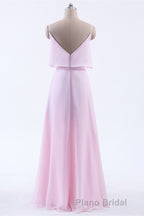 Pink Flounce Chiffon Straps A-line Long Bridesmaid Dresses