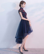 Blue Tulle Lace High Low Prom Dress, Blue Homecoming Dress