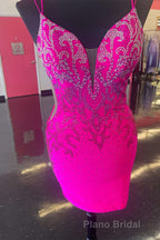 Royal Blue Beaded Plunge V Lace-Up Short Homecoming Dresses