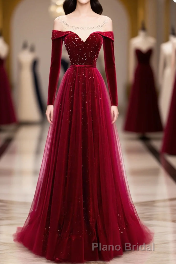 Burgundy Round Neck Tulle Sequin Long Formal Prom Dresses, Tulle Prom Dresses Main image