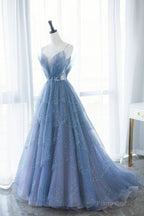 Blue Tulle Long A-Line Prom Dresses, Blue Evening Dresses with Beaded