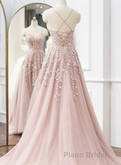 Pink Tulle With Lace Straps Long Party Dresses, Pink Tulle Formal Prom Dresses Evening Dresses