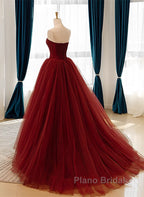Wine Red Tulle Scoop Long Formal Dresses, Wine Red Tulle Formal Prom Dresses Party Dresses