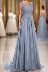 Dusty Blue Lace Cap Sleeve A-Line Floor-Length Bridesmaid Dresses