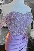 Lilac Beaded Off-the-Shoulder Long Prom Dresses with Slit