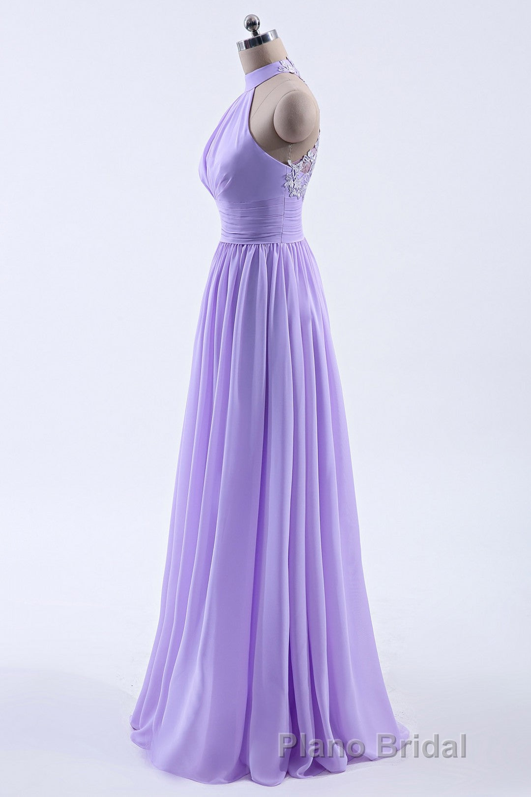 High Neck Lavender Chiffon Empire A-line Long Bridesmaid Dresses