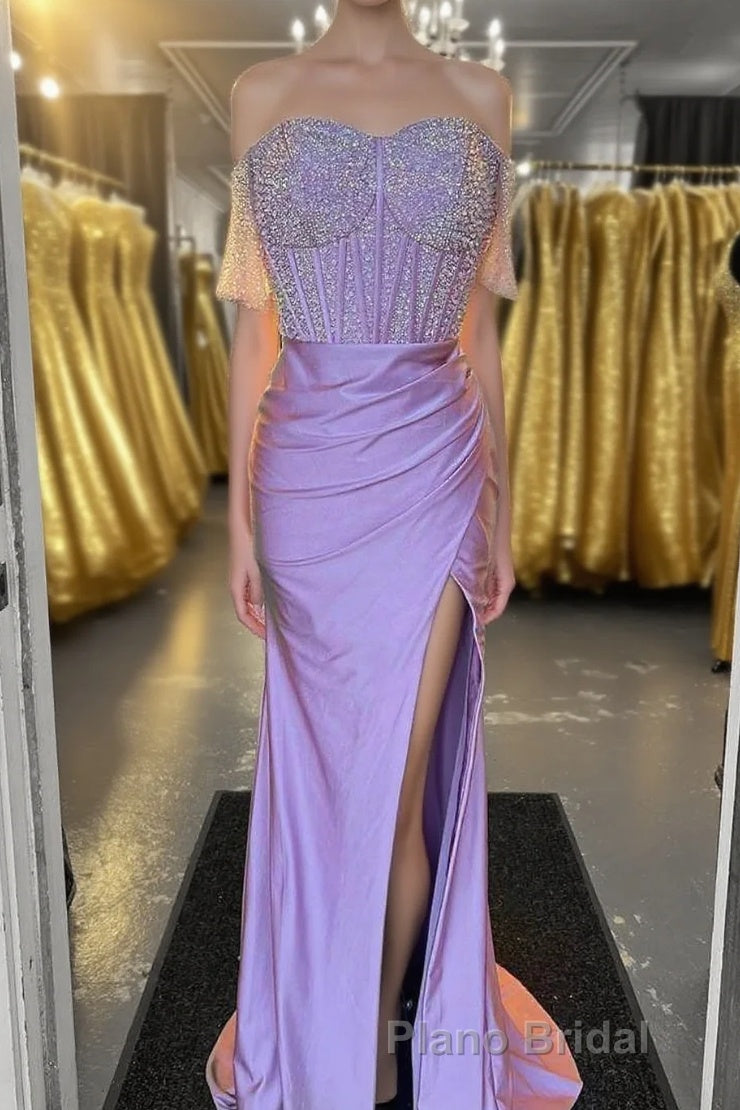 Lilac Beaded Off-the-Shoulder Long Prom Dresses with Slit Main image