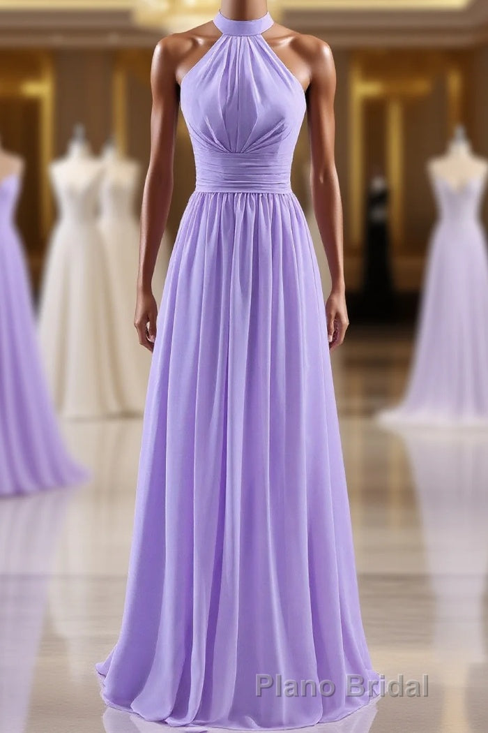 High Neck Lavender Chiffon Empire A-line Long Bridesmaid Dresses Main image