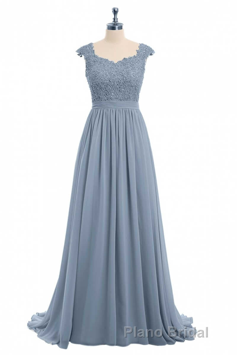 Dusty Blue Lace Cap Sleeve A-Line Floor-Length Bridesmaid Dresses