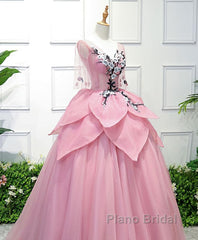 Pink V Neck Tulle Lace Applique Long Formal Prom Dress, Pink Evening Dress, 1