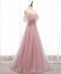 Pink Sweetheart Tulle Long Formal Prom Dresses, Pink Tulle Prom Dresses, 1