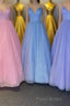Cute V-Neck Tulle Long Formal Prom Dresses, A-Line Evening Dresses