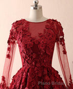 Burgundy Lace Satin Long Formal Prom Dresses, Burgundy Lace Evening Dresses