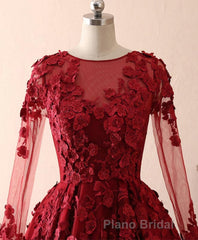 Burgundy Lace Satin Long Formal Prom Dresses, Burgundy Lace Evening Dresses