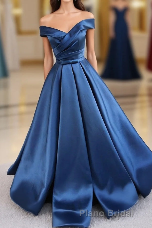 Simple Blue Satin Long Formal Prom Dresses, Blue Prom Dresses Main image