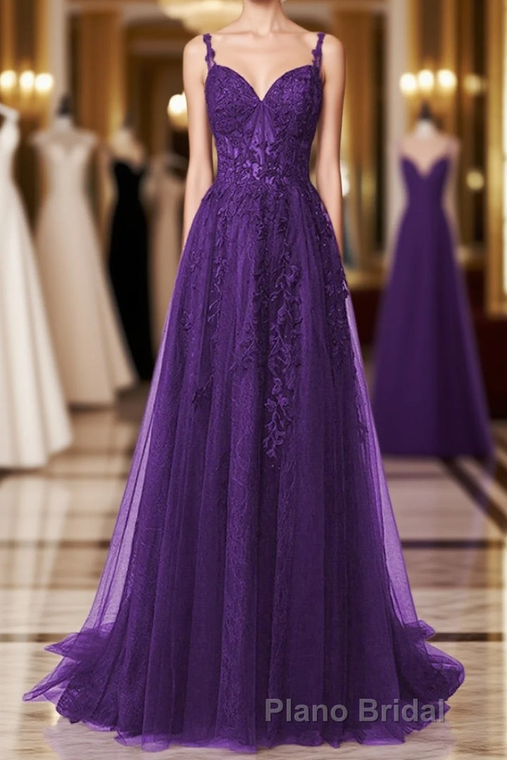 Purple A-Line Tulle Off Shoulder Long Formal Prom Dresses With Lace, Purple Evening Dresses Party Dresses