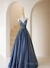 Blue V-Neckline Straps Low Back A-Line Formal Prom Dresses, Blue Long Evening Dresses