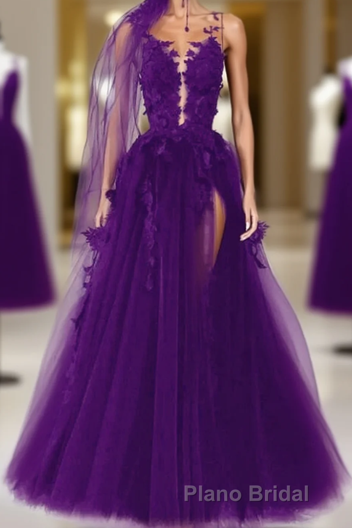 Purple Tulle With Lace Applique Long Party Dresses, A-Line Tulle Prom Dresses Main image