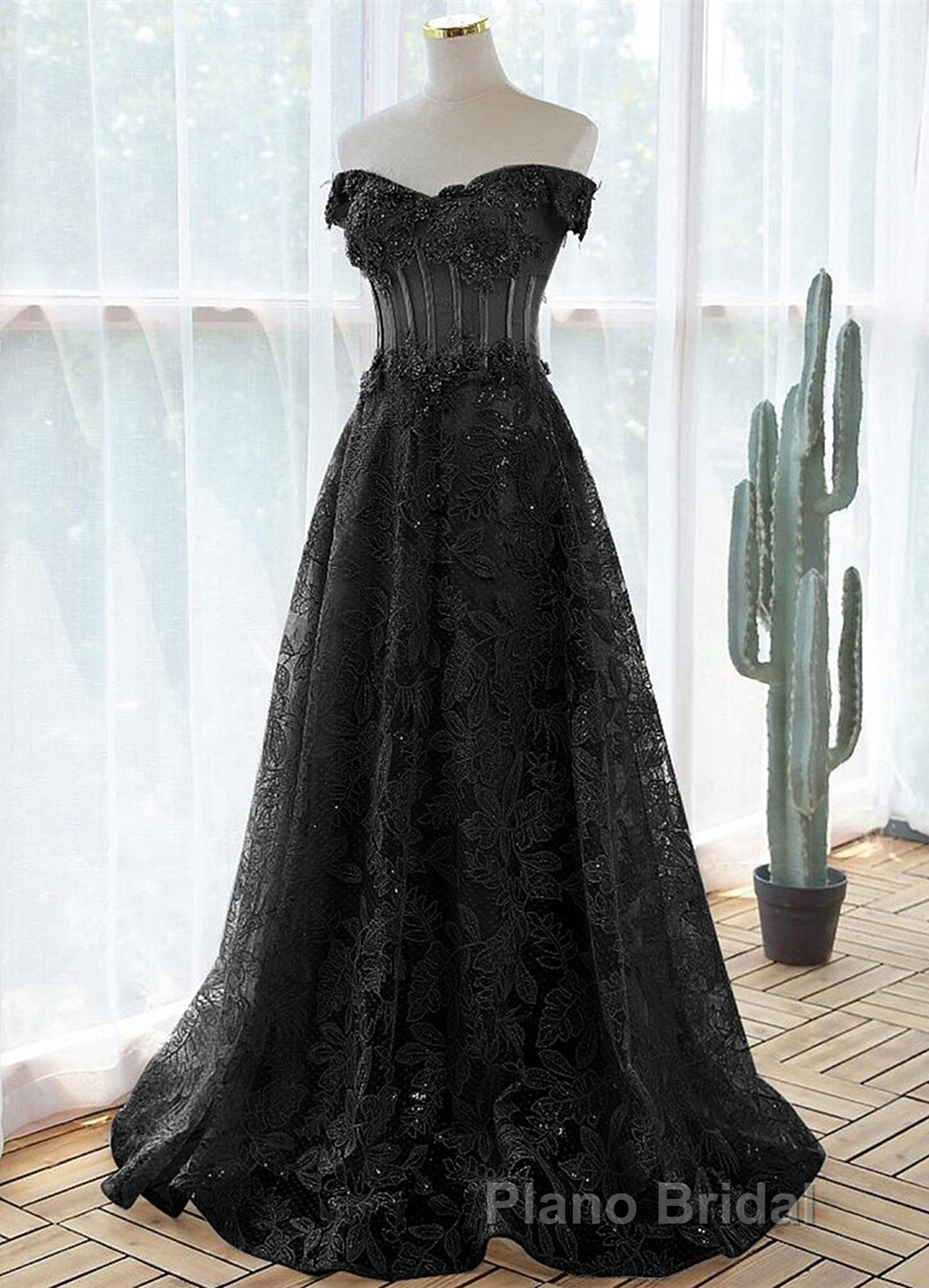 A-Line Off Shoulder Black Tulle With Lace Party Dresses, Black Long Formal Prom Dresses