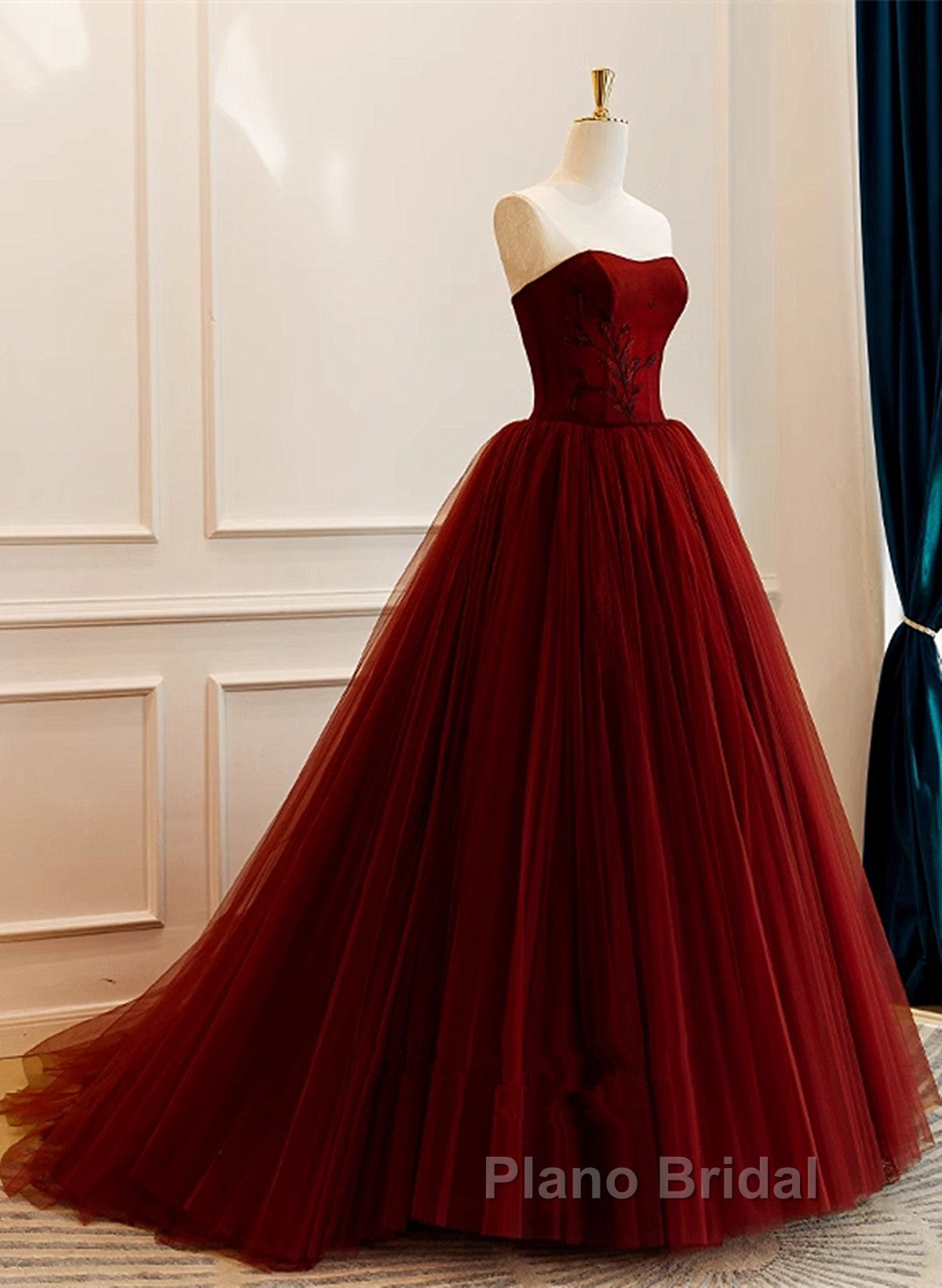 Wine Red Tulle Scoop Long Formal Dresses, Wine Red Tulle Formal Prom Dresses Party Dresses