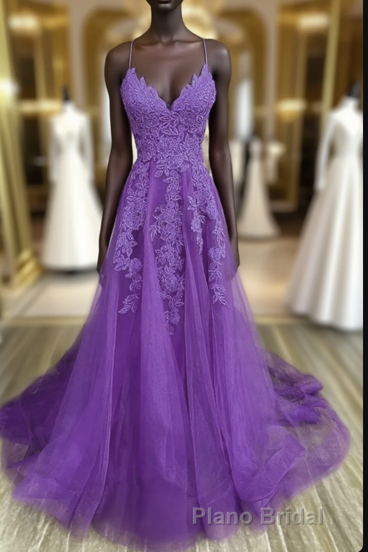 V-Neckline Purple A-Line Straps Long Formal Prom Dresses, Purple Long Evening Dresses Party Dresses
