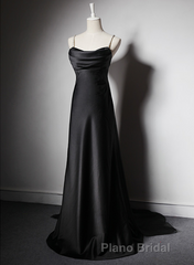 Black Soft Satin A-Line Floor Length Formal Prom Dresses, Black Straps Long Evening Dresses