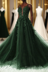 Green A-Line Tulle With Lace Low Back Formal Prom Dresses, Green Tulle Evening Dresses Party Dresses