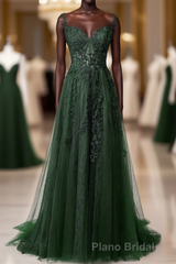 Dark Green Tulle With Lace Beaded Straps Formal Prom Dresses, Green Long Prom Dresses Party Dresses