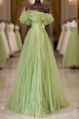 Green Floor Length Simple Off Shoulder Long Prom Dresses, Green A-Line Formal Prom Dresses