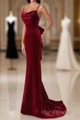 Wine Red Velvet Low Back Straps Long Party Dresses, Wine Red Wedding Party Dresses