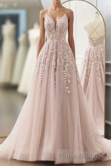 Pink Tulle With Lace Straps Long Party Dresses, Pink Tulle Formal Prom Dresses Evening Dresses