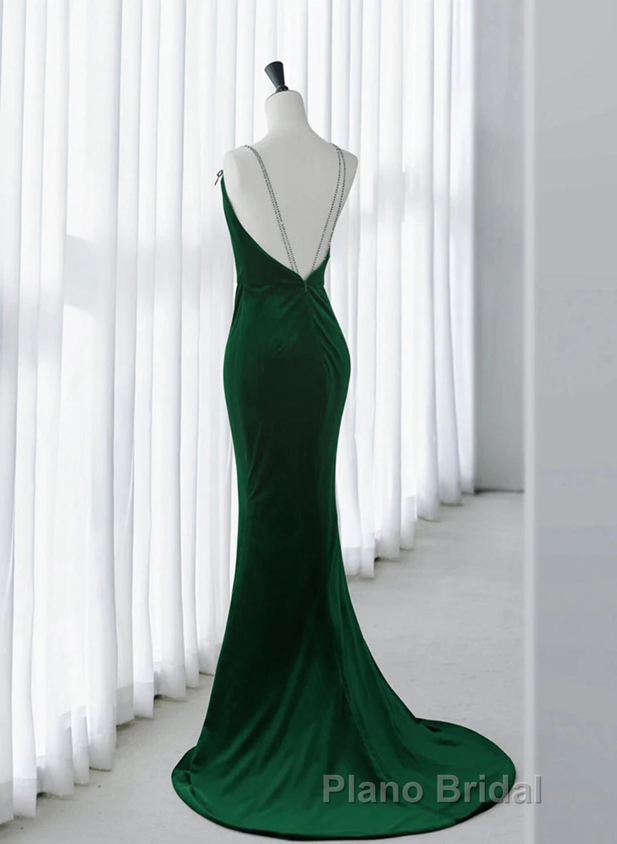 Green Velvet Mermaid Straps Long Prom Dresses, Green Evening Dresses Party Dresses Secondary image