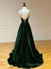 Green V-Neckline Straps Lace-Up A-Line Formal Prom Dresses, Green Velvet Long Formal Prom Dresses