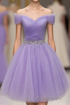Purple Off Shoulder Tulle Sequin Formal Prom Dresses, Purple Homecoming Dresses