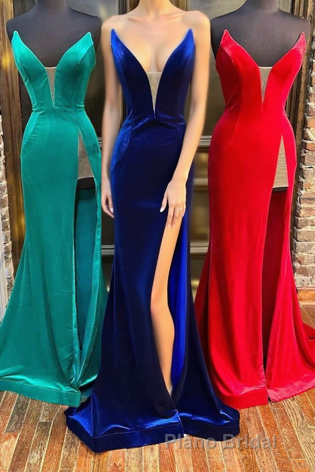 Red Velvet Strapless Mermaid Long Prom Dresses with Slit Main image