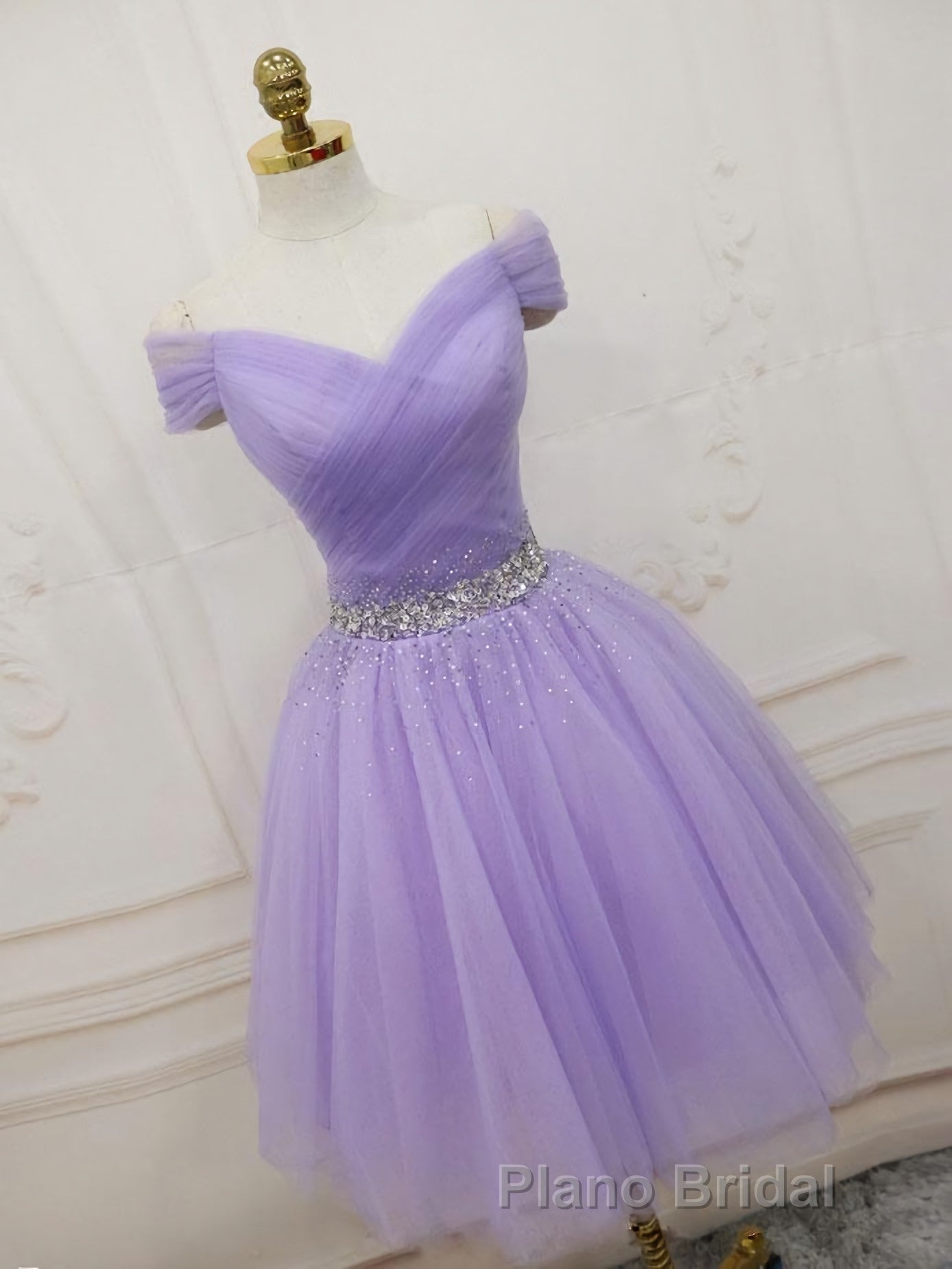 Purple Off Shoulder Tulle Sequin Formal Prom Dresses, Purple Homecoming Dresses
