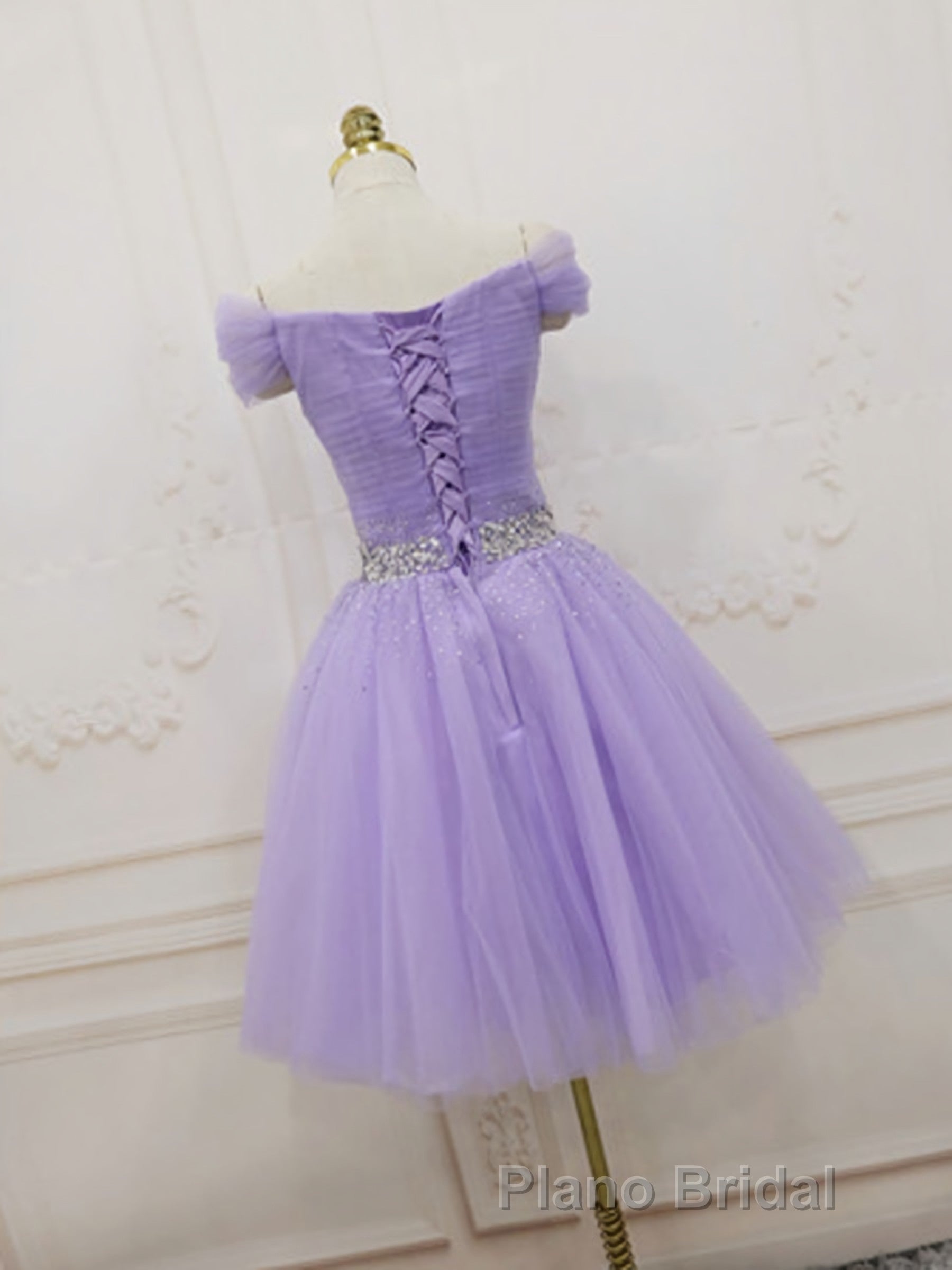 Purple Off Shoulder Tulle Sequin Formal Prom Dresses, Purple Homecoming Dresses Secondary image