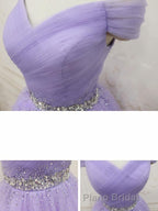 Purple Off Shoulder Tulle Sequin Formal Prom Dresses, Purple Homecoming Dresses