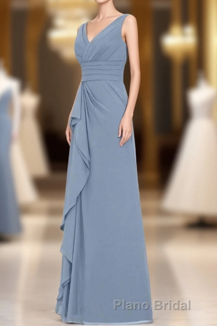 Dusty Blue V-Neck Banded Waist Ruffled Long Bridesmaid Dresses Main image