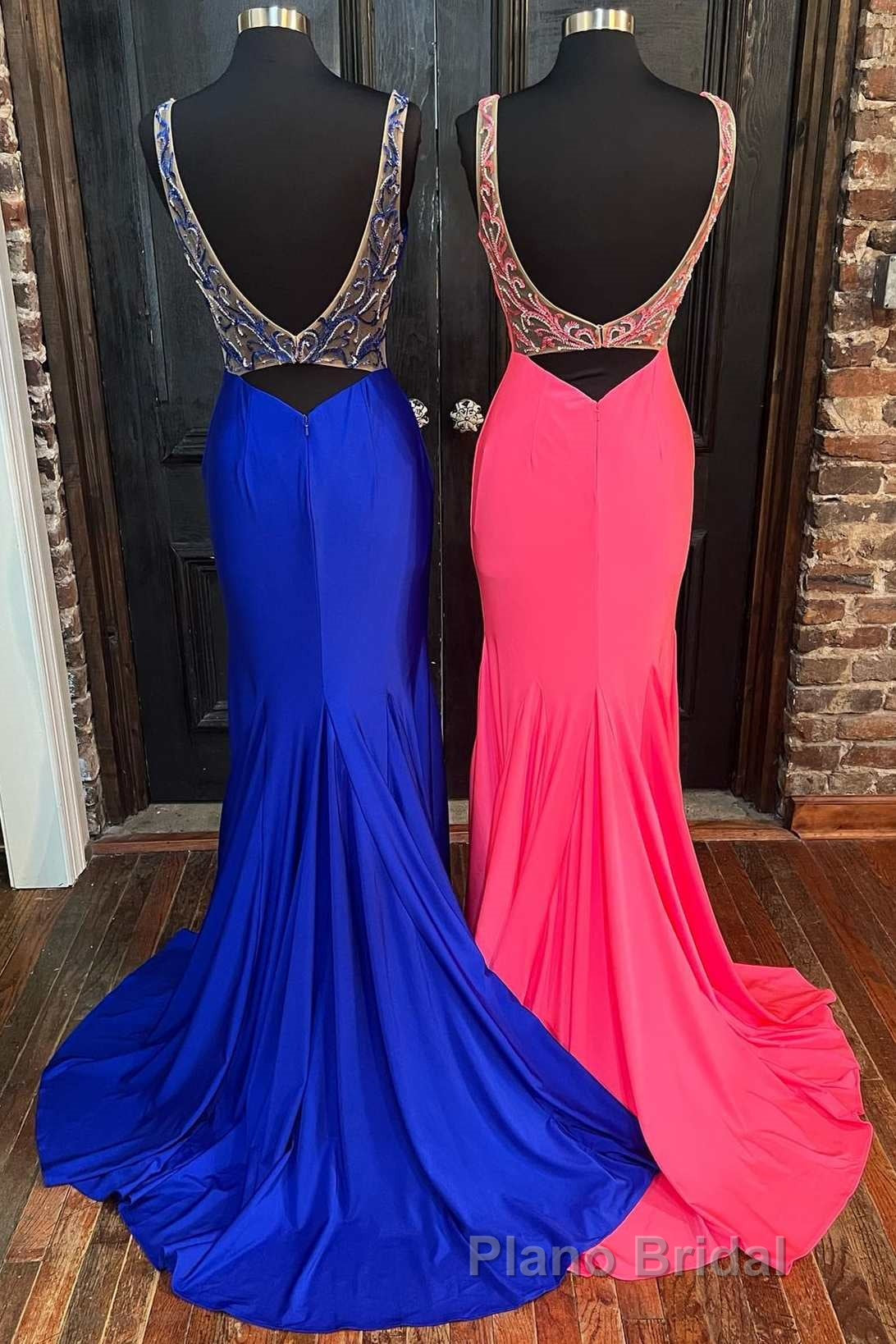 Royal Blue V-Neck Open Back Mermaid Long Formal Prom Dresses Secondary image