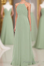 Sage Green Chiffon Halter Backless Long Bridesmaid Dresses
