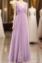 Dusty Purple Chiffon Jacquard V-Neck A-Line Long Bridesmaid Dresses