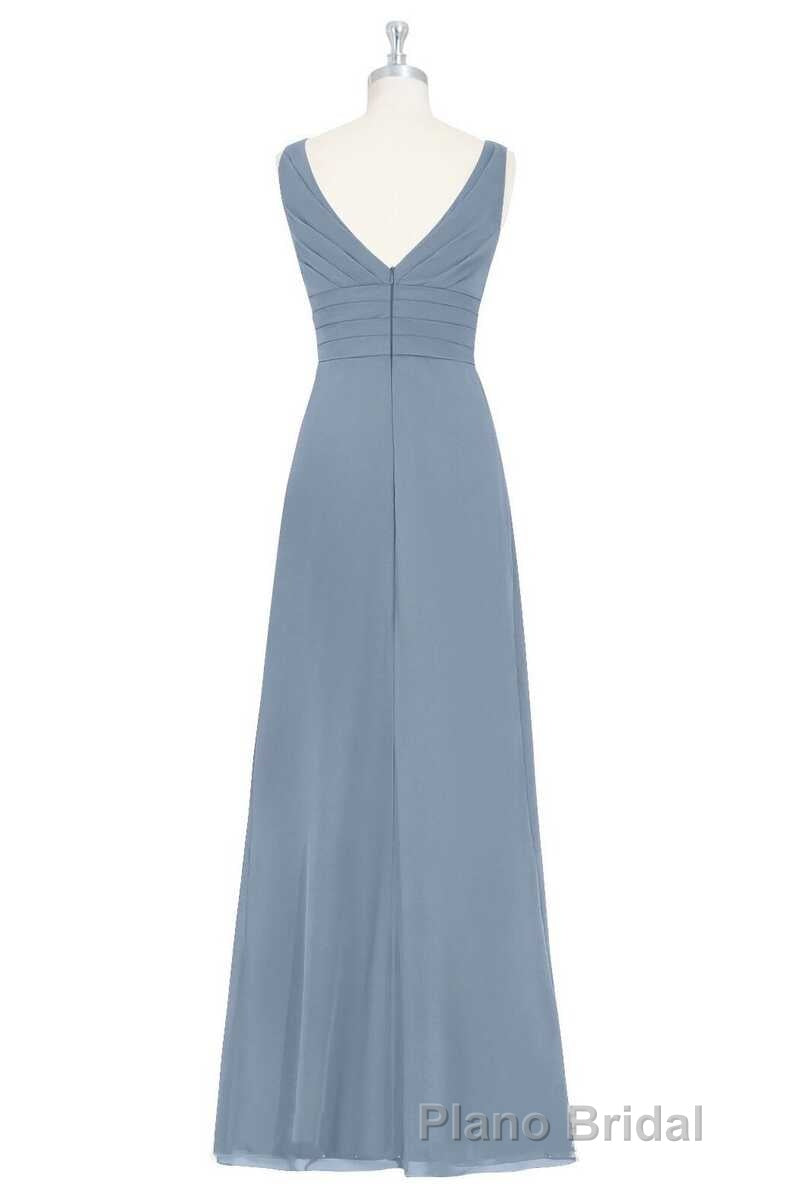 Dusty Blue V-Neck Banded Waist Ruffled Long Bridesmaid Dresses